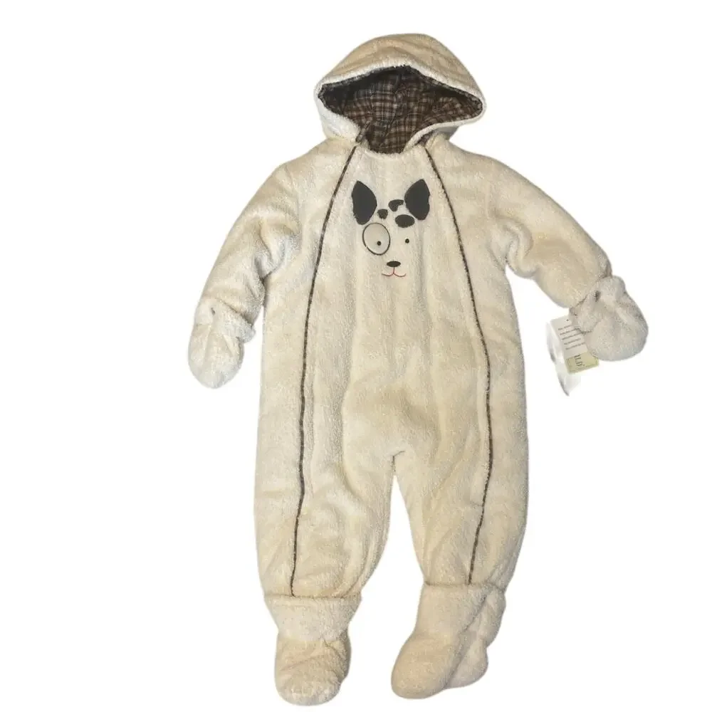 NWT Le Petit Rothschild Plush Snowsuit Soft Hood Baby Size 24 Months Cream Dog